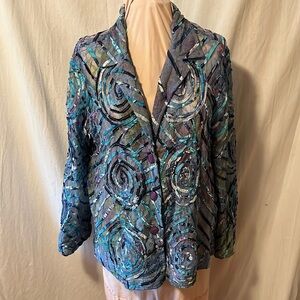 Parsley & Sage jacket with artistic ribbon design in circles and swirls